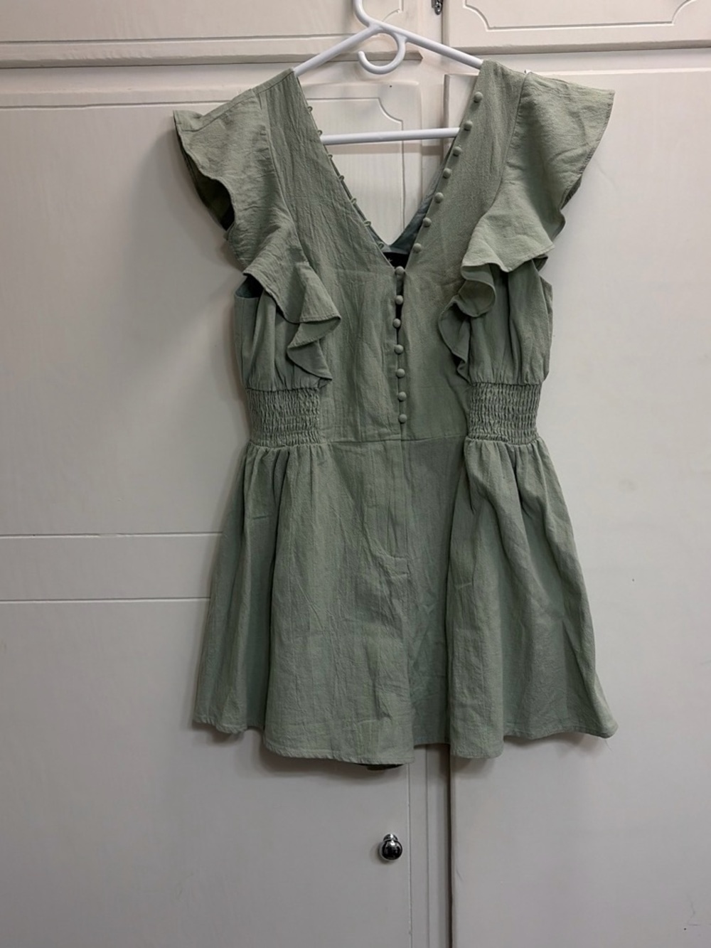 Lulu's Sage Green Ruffle Button-Front romper